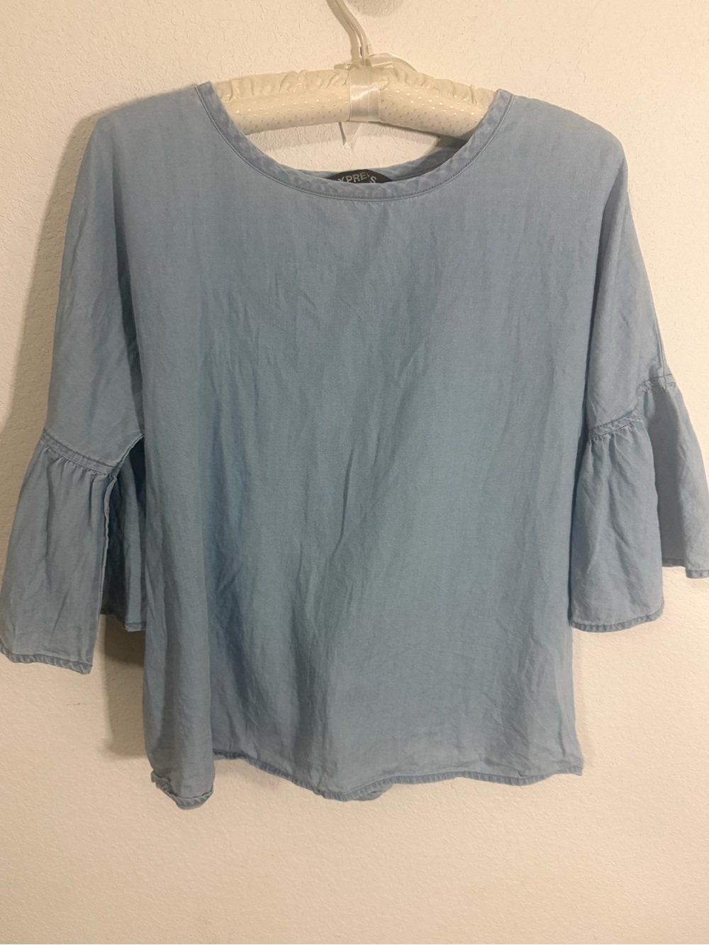 Express Light Blue Back-Tie Ruffle Bell-Sleeve Denim Style Blouse